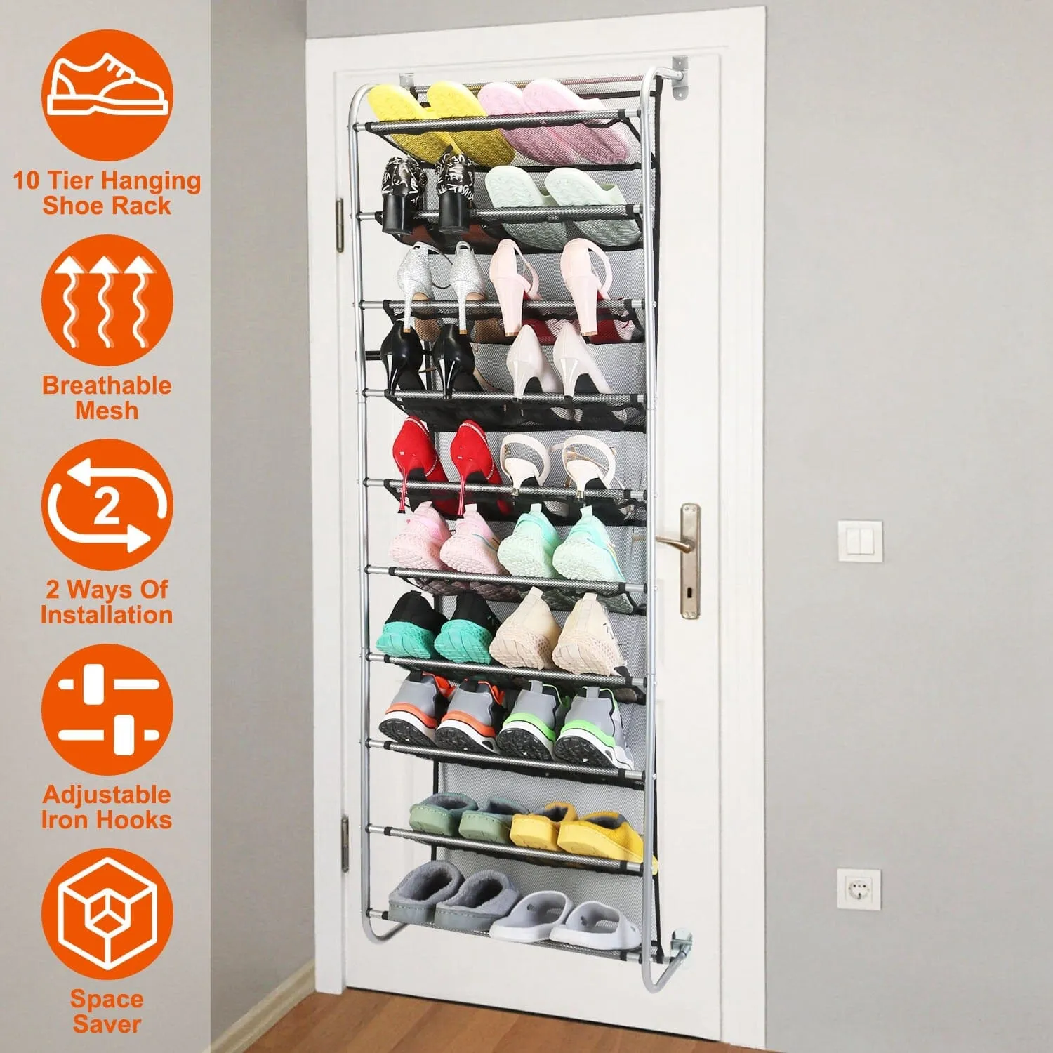 10-Tier Over the Door Shoe Rack Organizer Holder Hanging Storage Shelf
