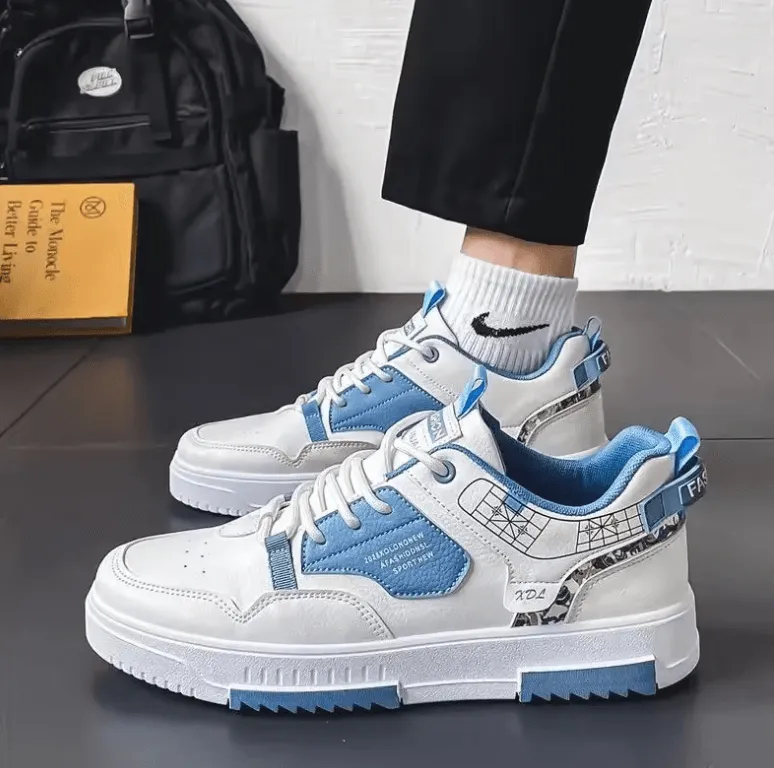 2025 Spring Men’s Leather Panel Shoes – Trendy Low Top White Casual Sports Sneakers