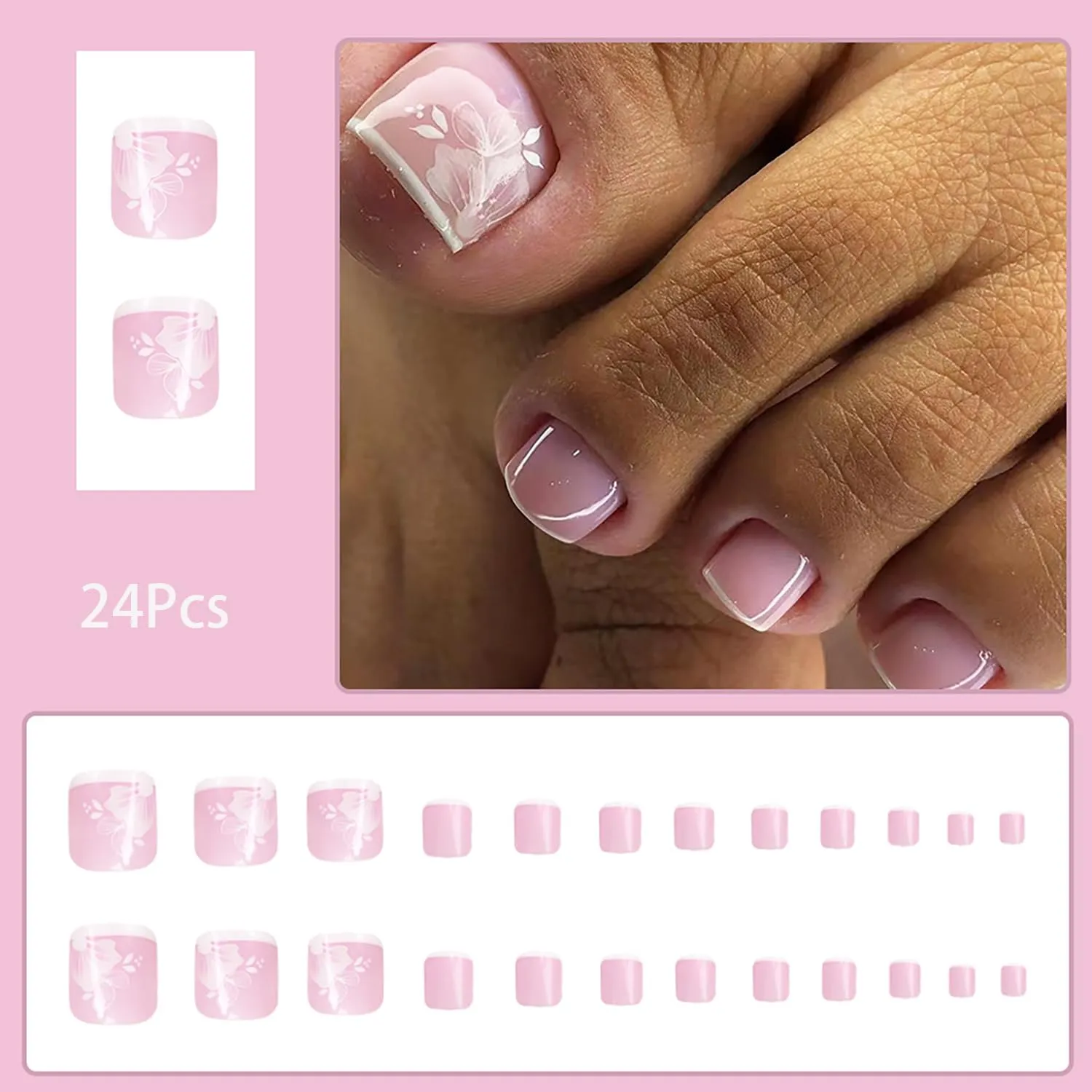 24 Pcs Pink Press on Toenails Short Square Fake Toe Nails with Glue Spring Summer Flower False Toenails Glossy Full Cover Acrylic Toenails with Design French Tip Toe Nail Press on for Women Girls
