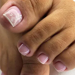 24 Pcs Pink Press on Toenails Short Square Fake Toe Nails with Glue Spring Summer Flower False Toenails Glossy Full Cover Acrylic Toenails with Design French Tip Toe Nail Press on for Women Girls