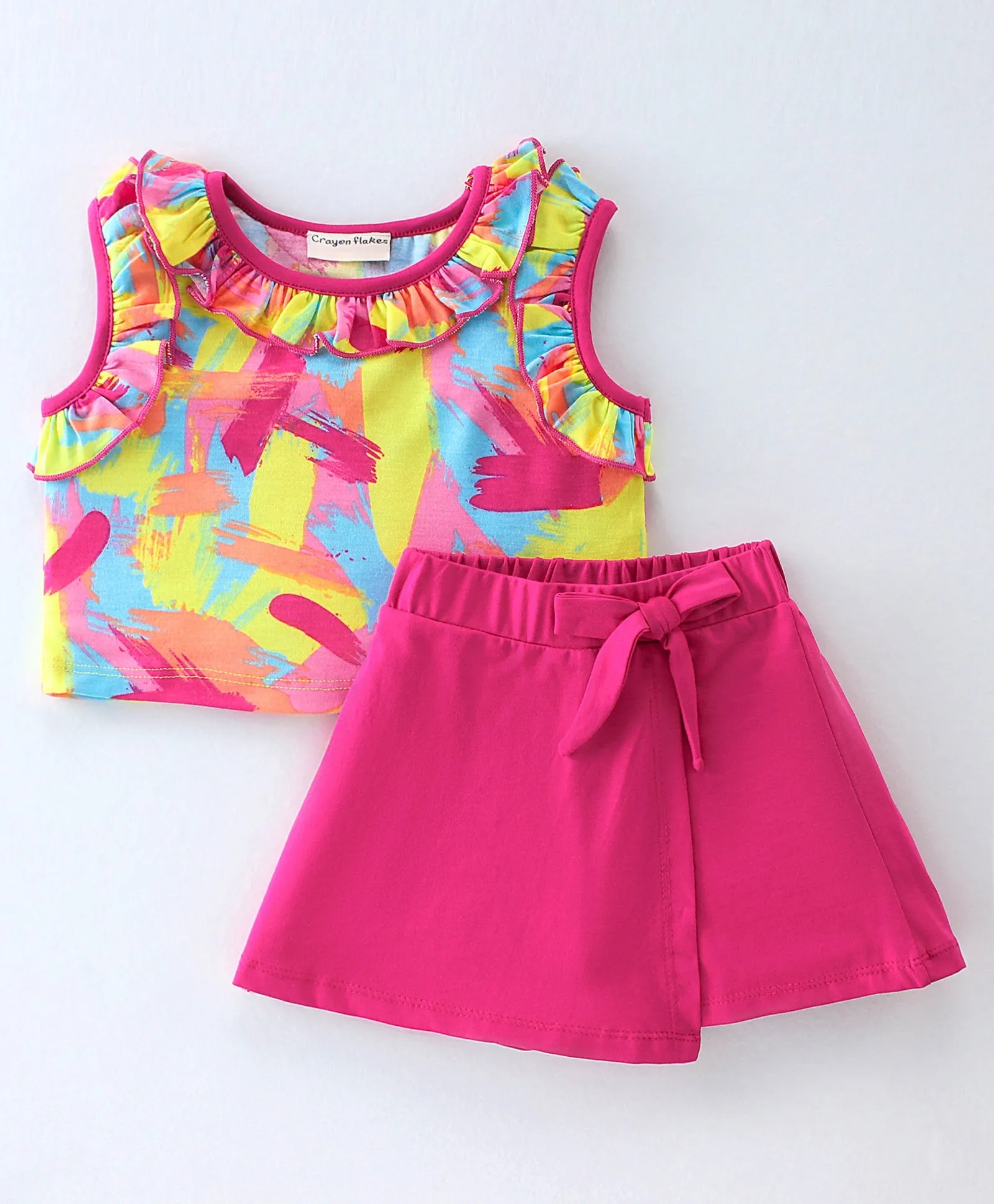 Abstract Printed Frilled Top Flapped Short Set