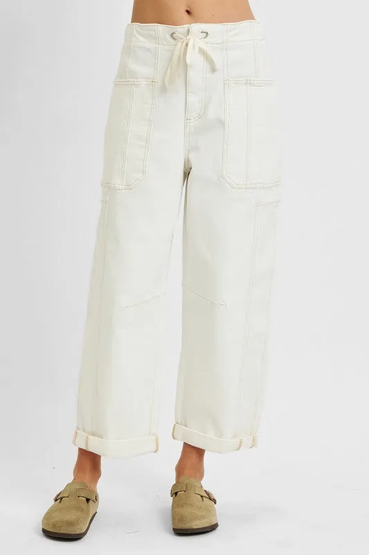 Ada High Rise Crop Wide Barrel Cargo Pants Cream