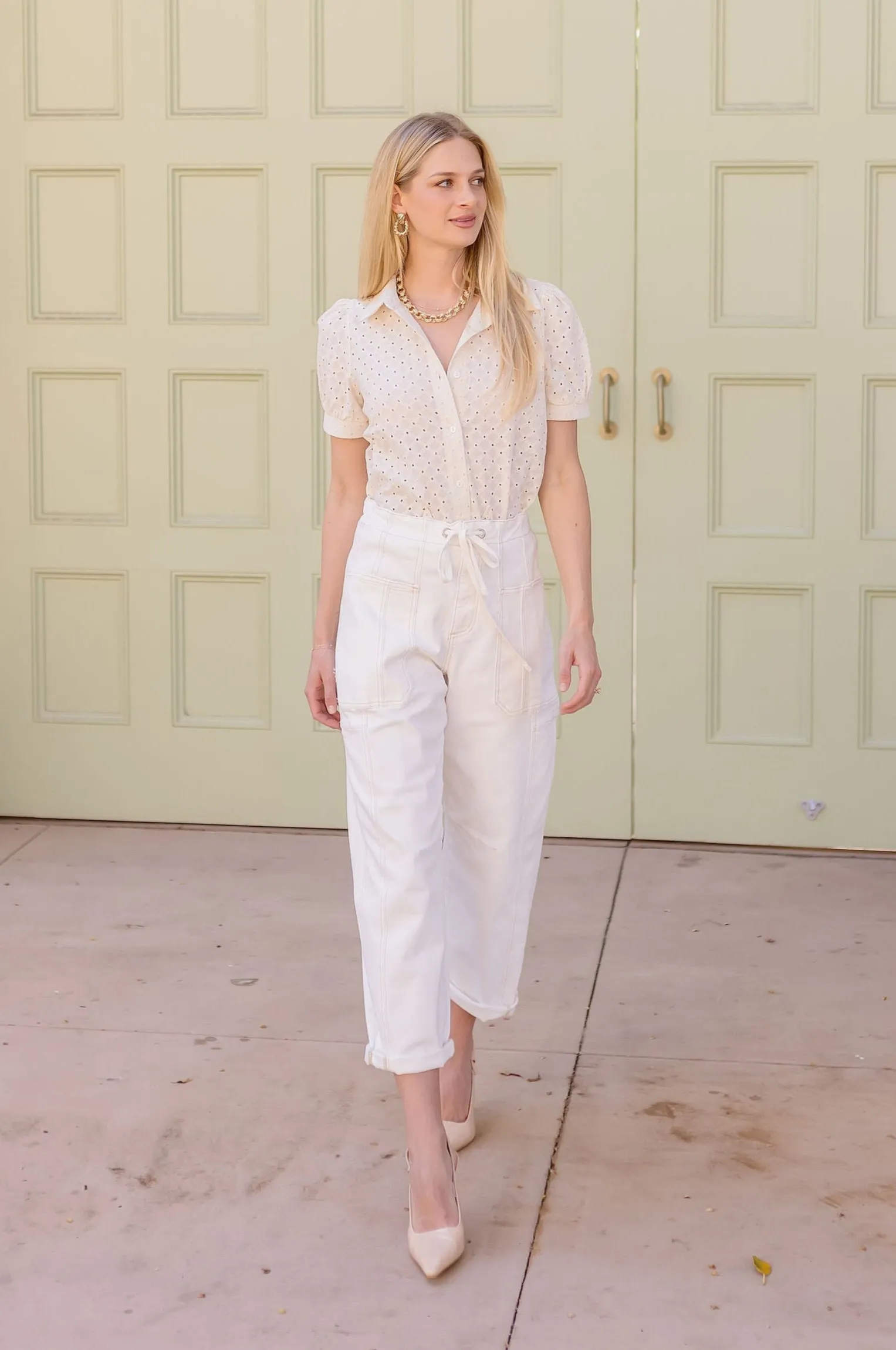 Ada High Rise Crop Wide Barrel Cargo Pants Cream