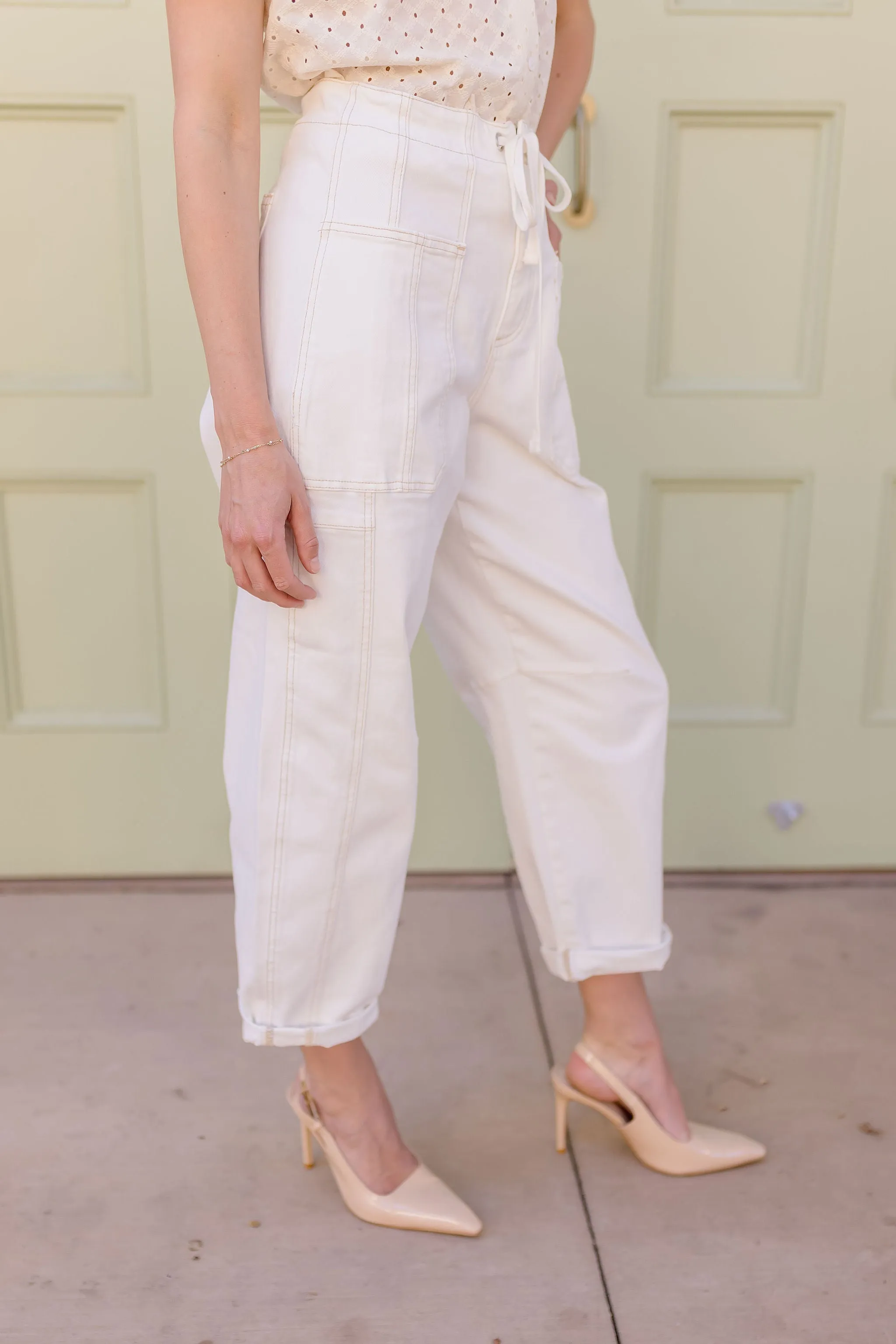 Ada High Rise Crop Wide Barrel Cargo Pants Cream