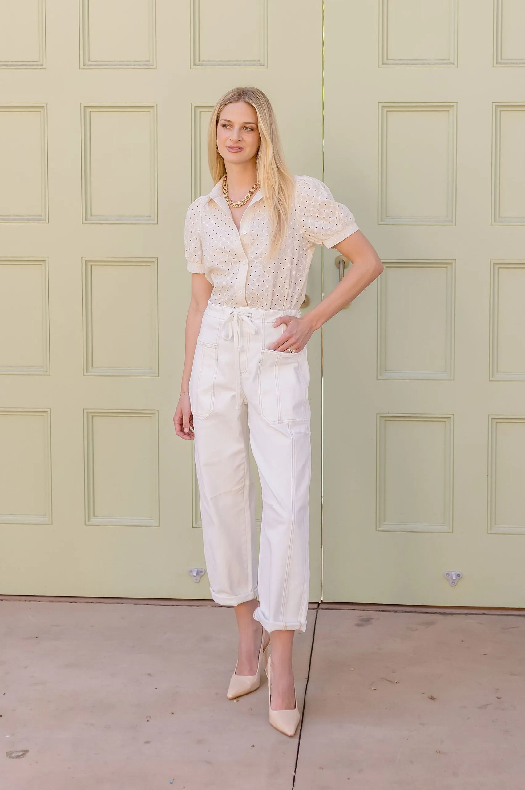 Ada High Rise Crop Wide Barrel Cargo Pants Cream