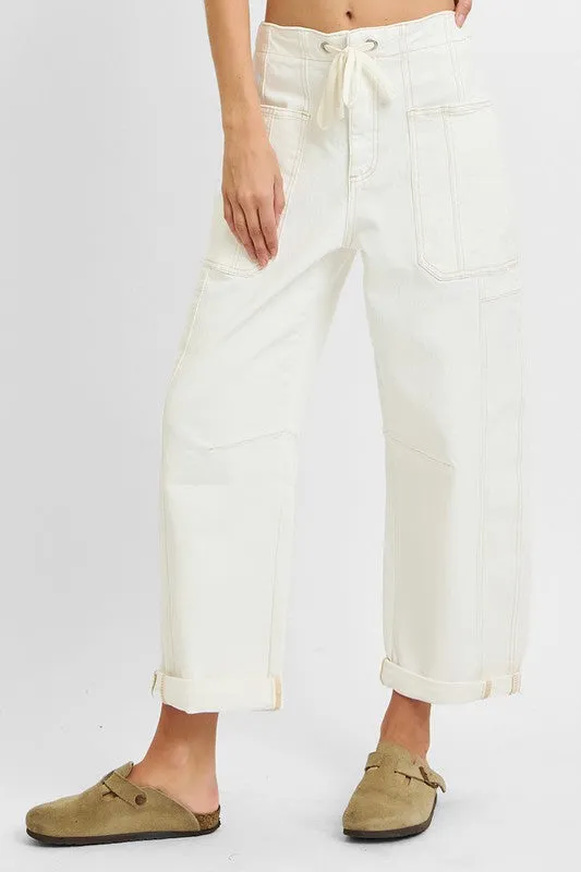 Ada High Rise Crop Wide Barrel Cargo Pants Cream
