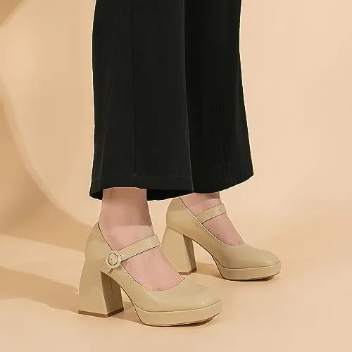 Amoji Women's 4 Inch Platform Heels Mary Janes Closed Square Toe High Chunky Heeled Pump Dressy Shoes for Wedding Party 306 Black Size 6 women