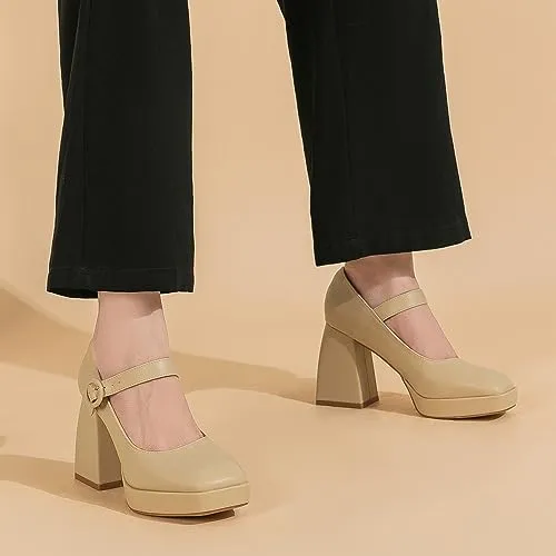 Amoji Women's 4 Inch Platform Heels Mary Janes Closed Square Toe High Chunky Heeled Pump Dressy Shoes for Wedding Party 306 Black Size 6 women