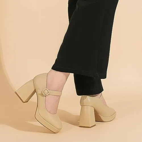 Amoji Women's 4 Inch Platform Heels Mary Janes Closed Square Toe High Chunky Heeled Pump Dressy Shoes for Wedding Party 306 Black Size 6 women