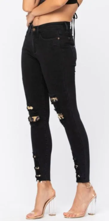 Black Destroyed Leopard Patch Skinny Judy blue jeans