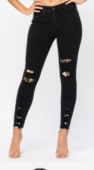 Black Destroyed Leopard Patch Skinny Judy blue jeans