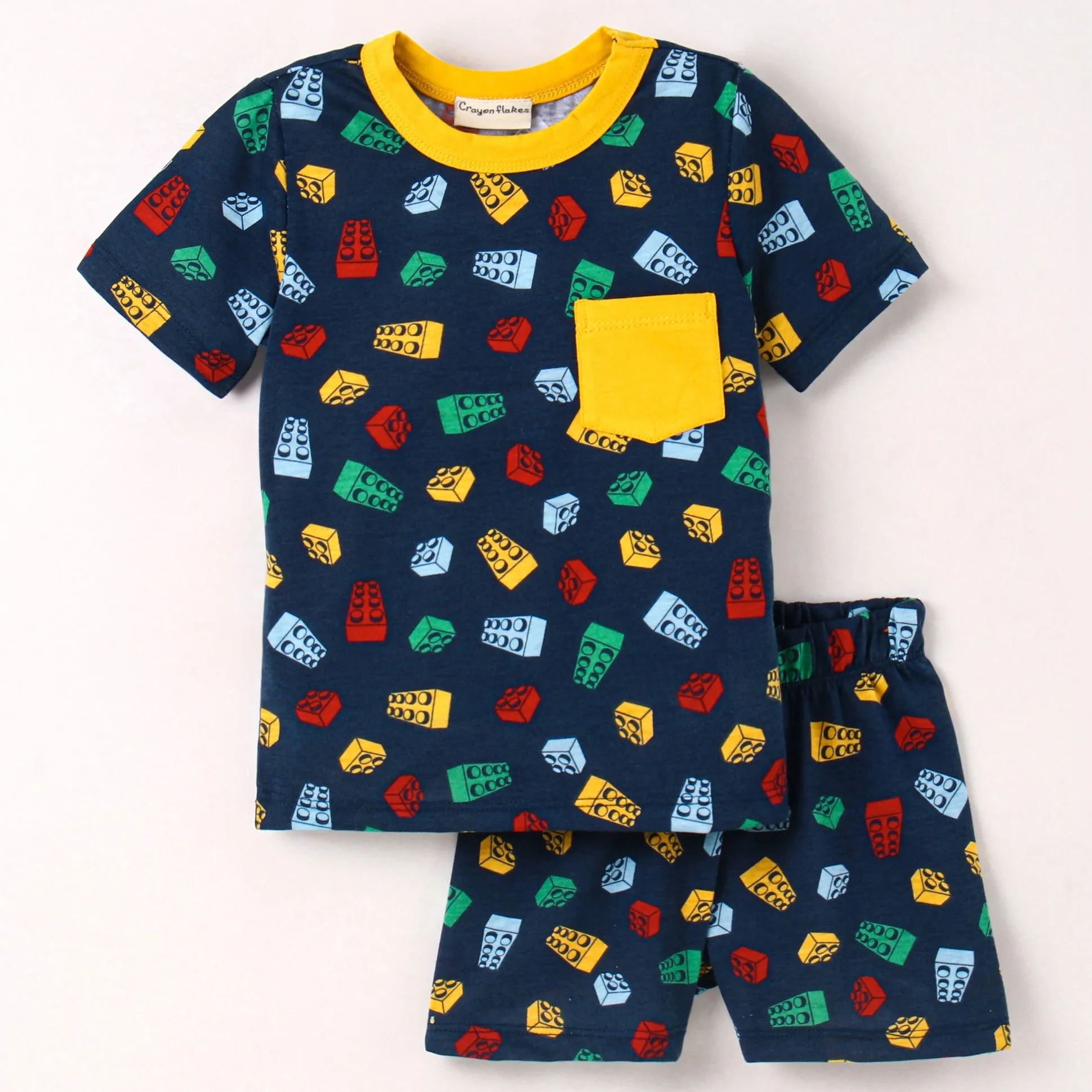 Blocks Printed Tshirt Short Set - Navy