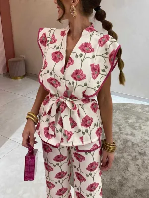 Casual Fashion Floral Print Tie-down Single-breasted Shirt