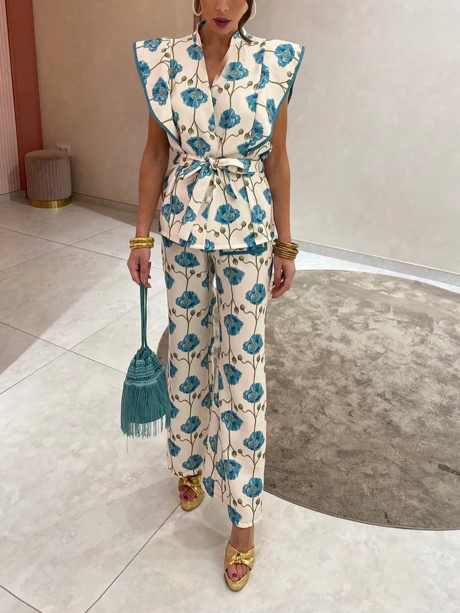 Casual Fashion Floral Print Tie-down Single-breasted Shirt