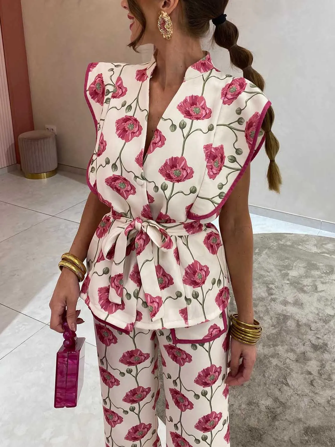 Casual Fashion Floral Print Tie-down Single-breasted Shirt