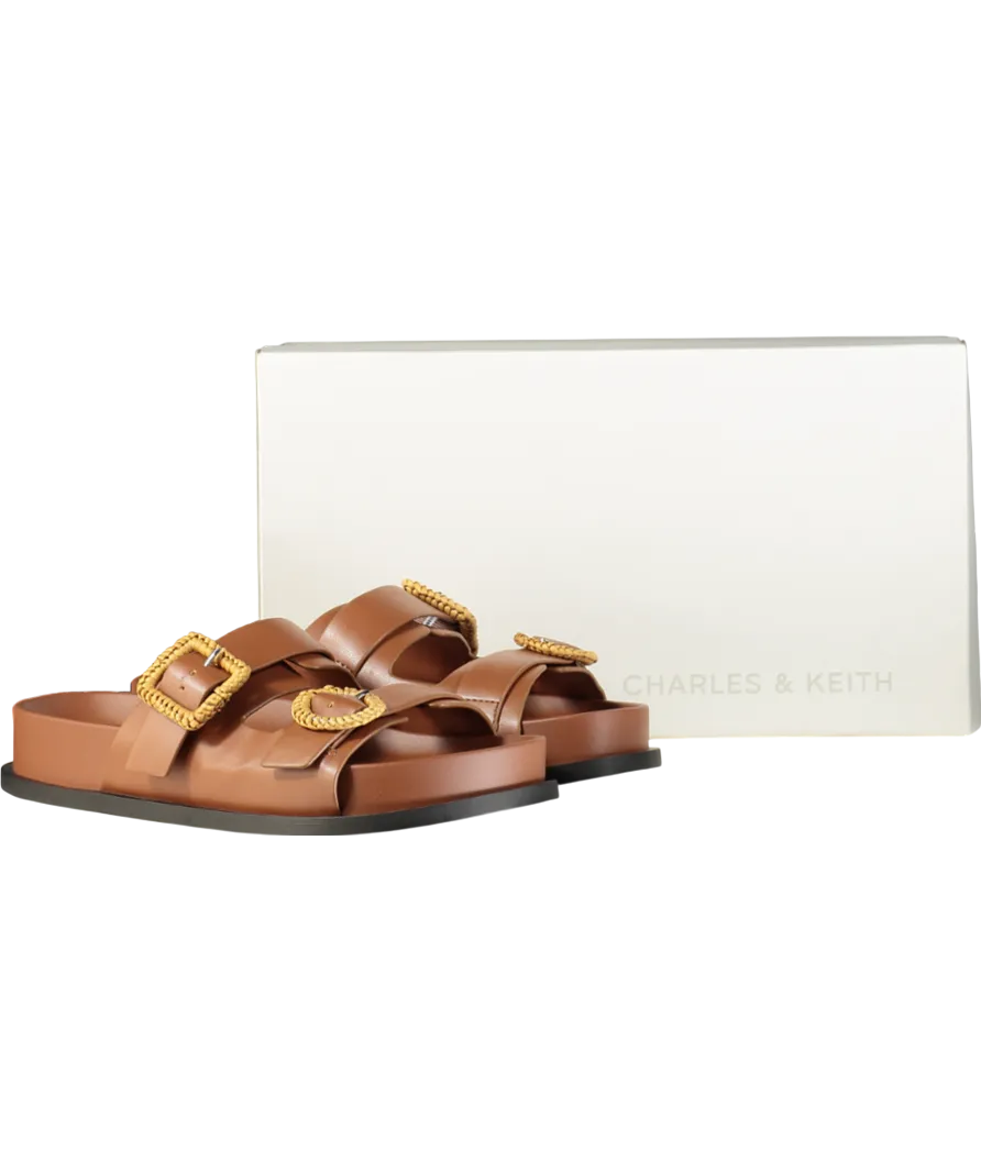 Charles & Keith Brown Woven Buckle Double Strap Sandals UK 4 EU 37 👠