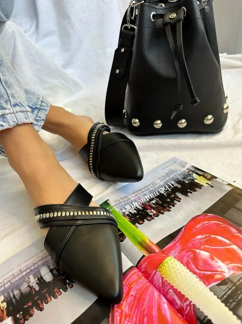 Closed Toe Black Leather Mule Sandals