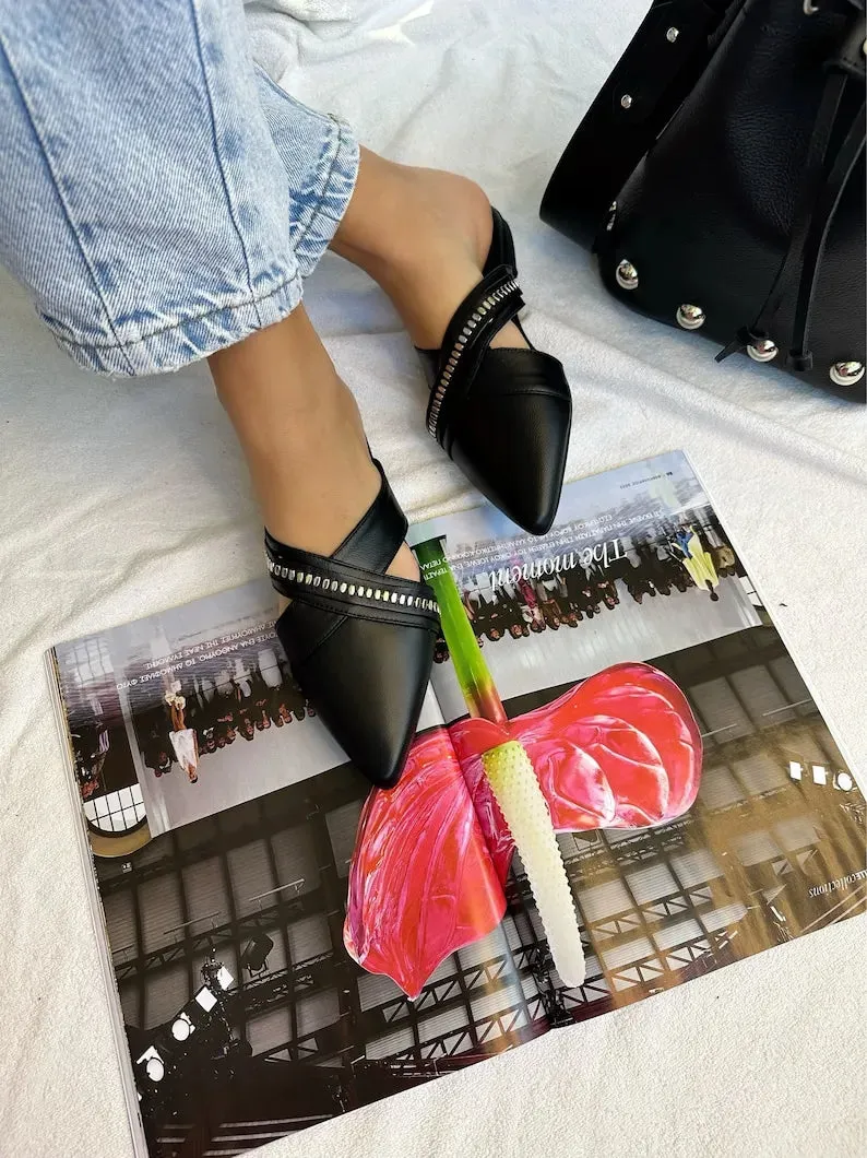 Closed Toe Black Leather Mule Sandals