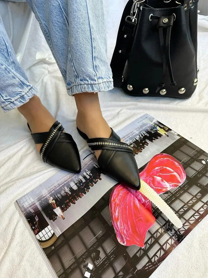 Closed Toe Black Leather Mule Sandals
