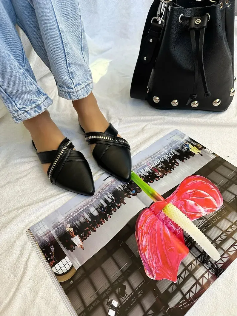 Closed Toe Black Leather Mule Sandals