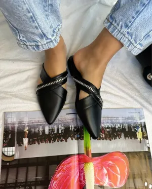 Closed Toe Black Leather Mule Sandals