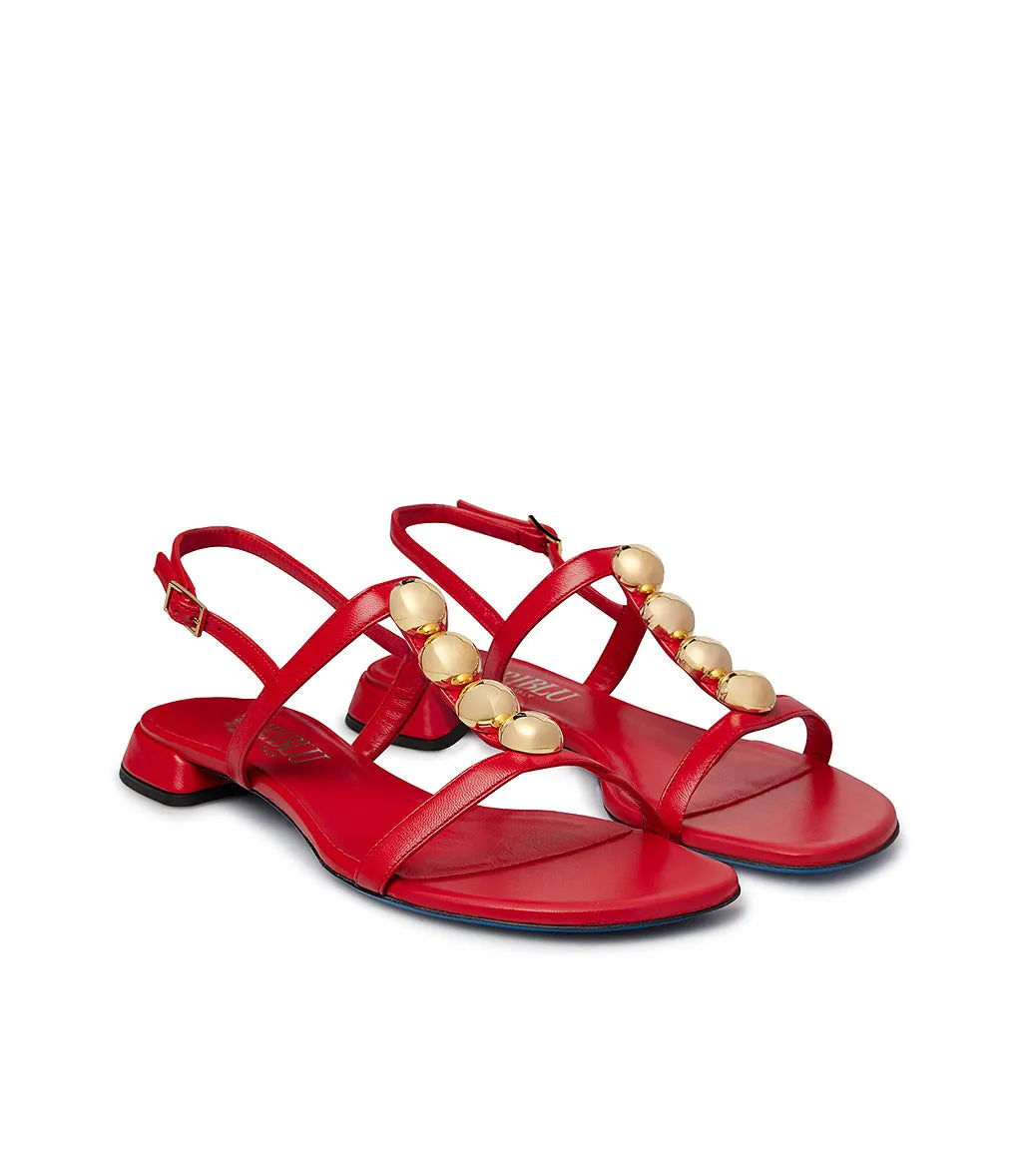 Coral red leather sandal with studs