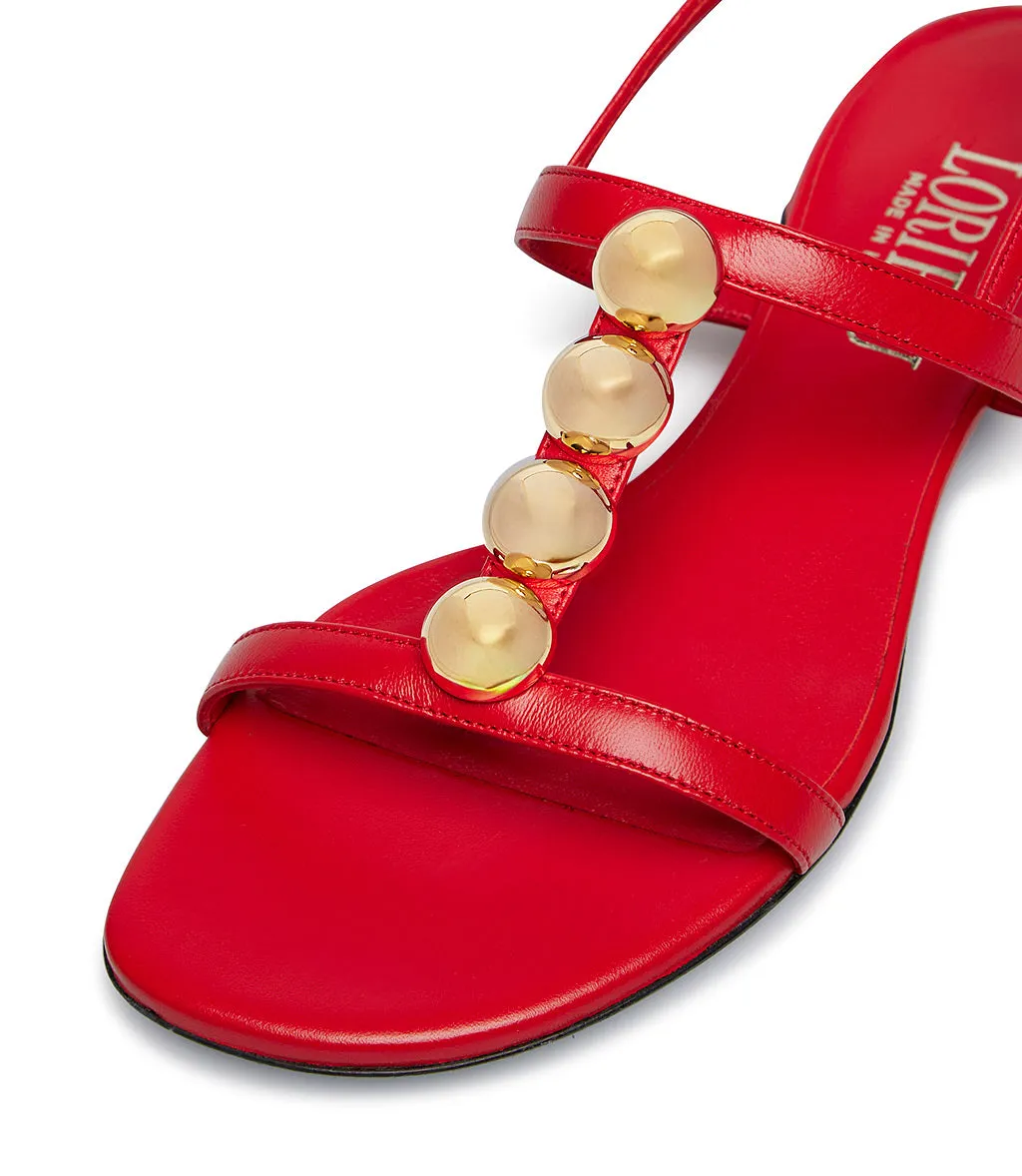 Coral red leather sandal with studs