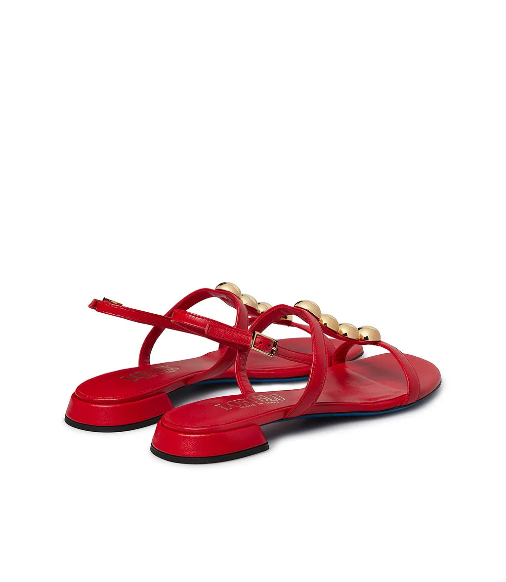 Coral red leather sandal with studs