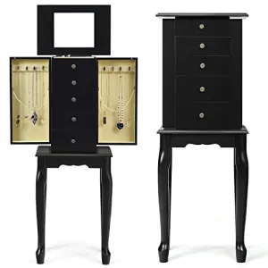 COSTWAY Standing Jewelry Armoire Cabinet, Wooden Jewelry Storage Chest with 5 Drawers, 2 Side Doors & Flip Top Mirror, Top Divided Compartments Jewelry Cabinet for Women, Girls (Black)