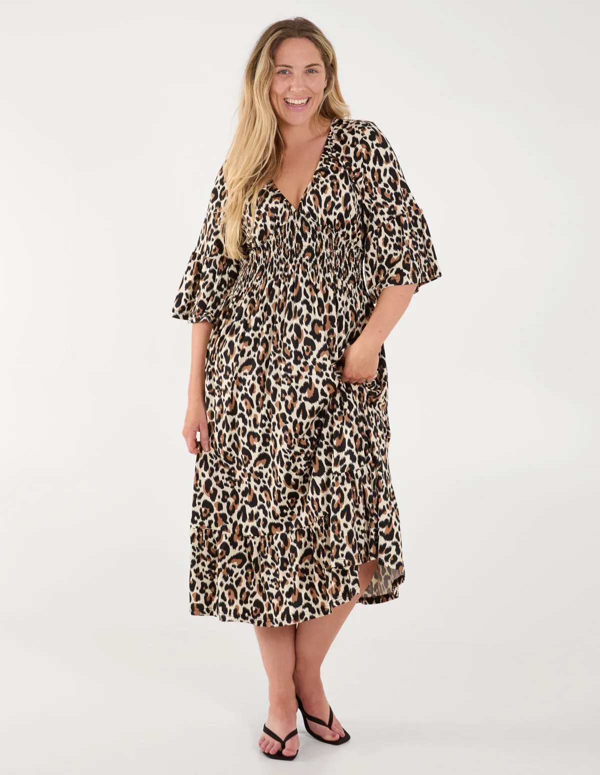 Curve Leopard Print Elasticated Neck Shirred Waist Midi Dress