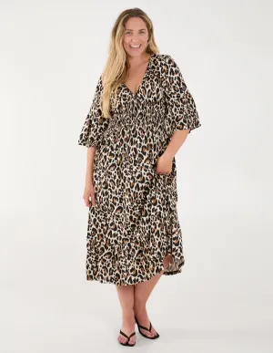 Curve Leopard Print Elasticated Neck Shirred Waist Midi Dress