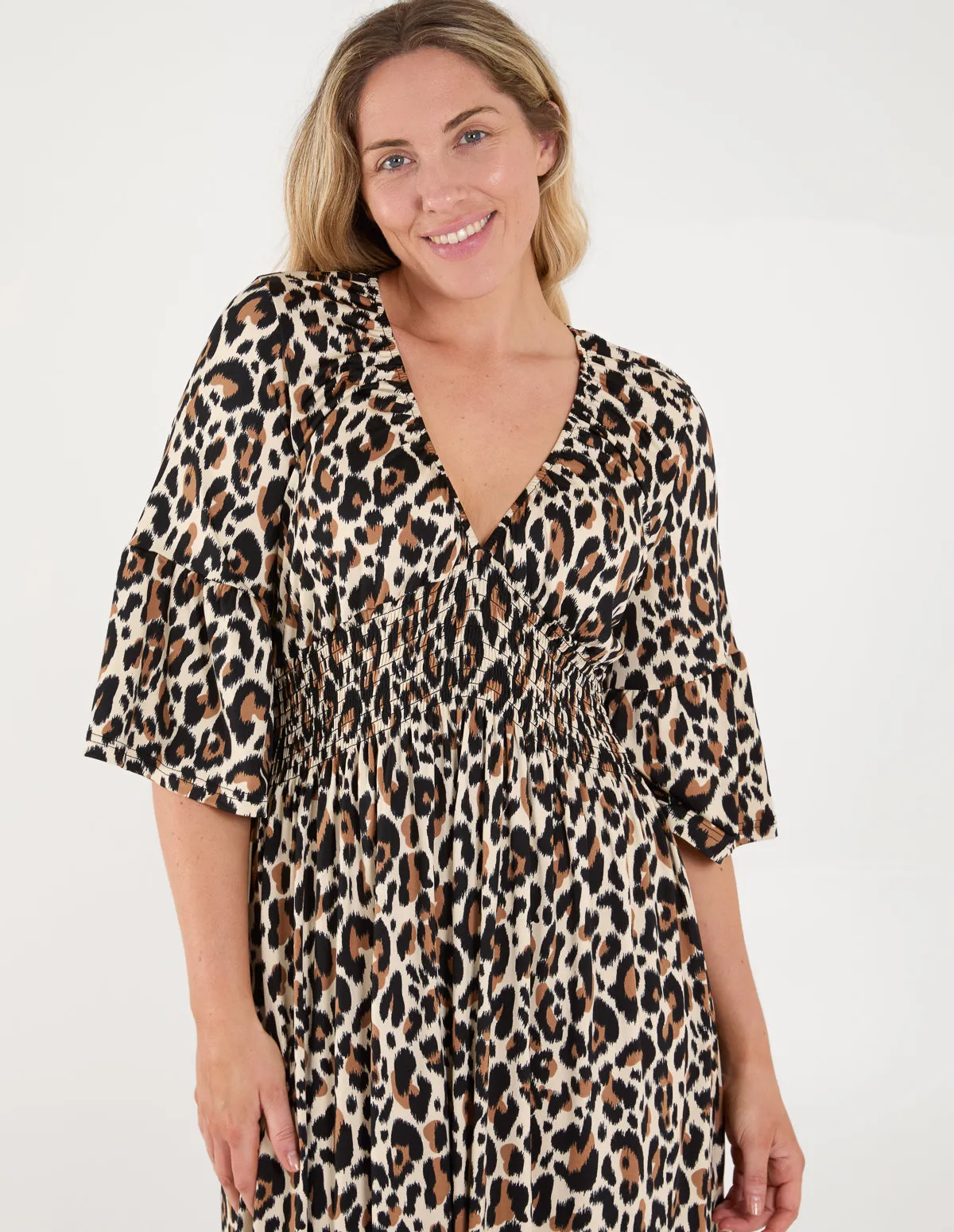 Curve Leopard Print Elasticated Neck Shirred Waist Midi Dress