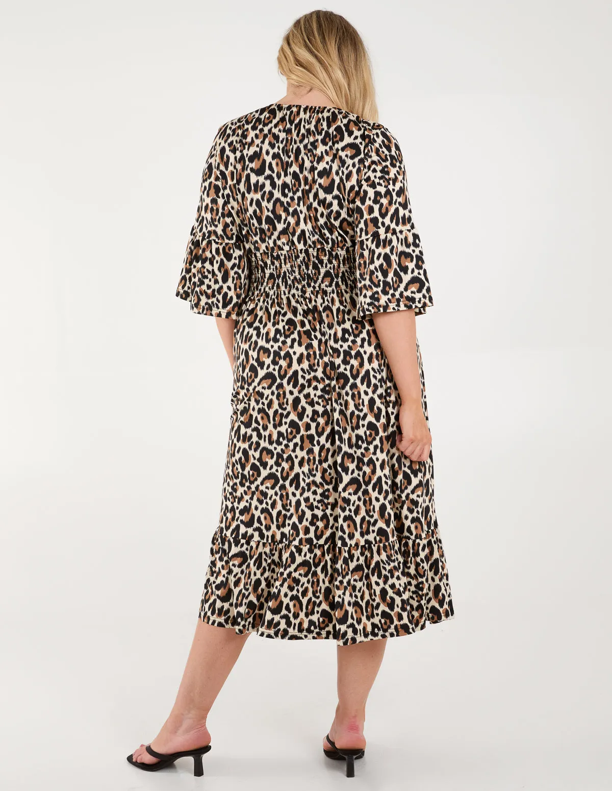 Curve Leopard Print Elasticated Neck Shirred Waist Midi Dress
