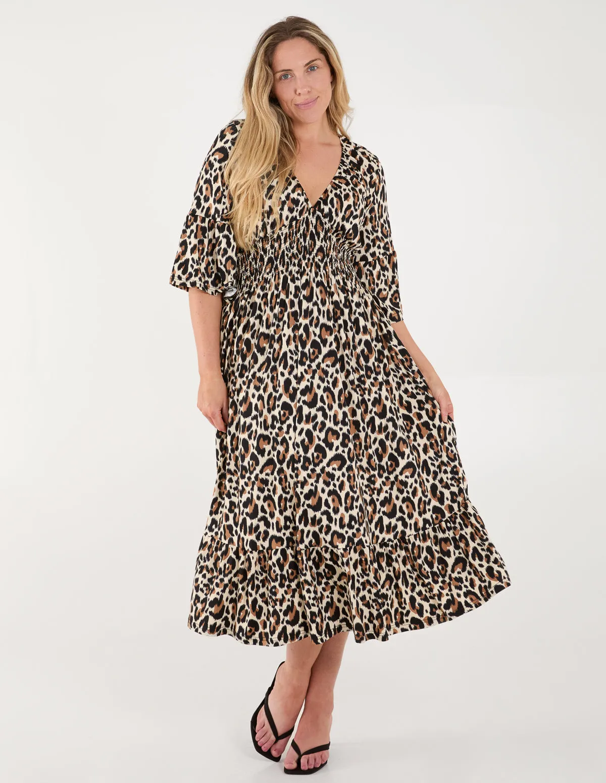 Curve Leopard Print Elasticated Neck Shirred Waist Midi Dress