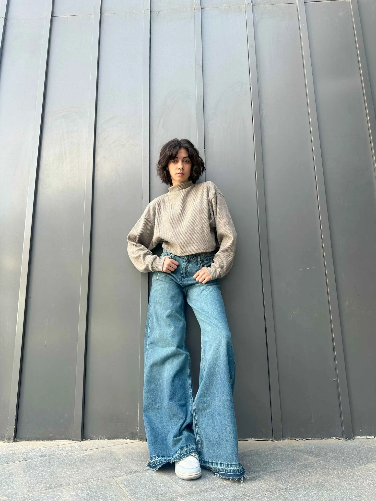 Extreme Wide Leg - Mid Vintage Blue Green Raw Hems Jeans.