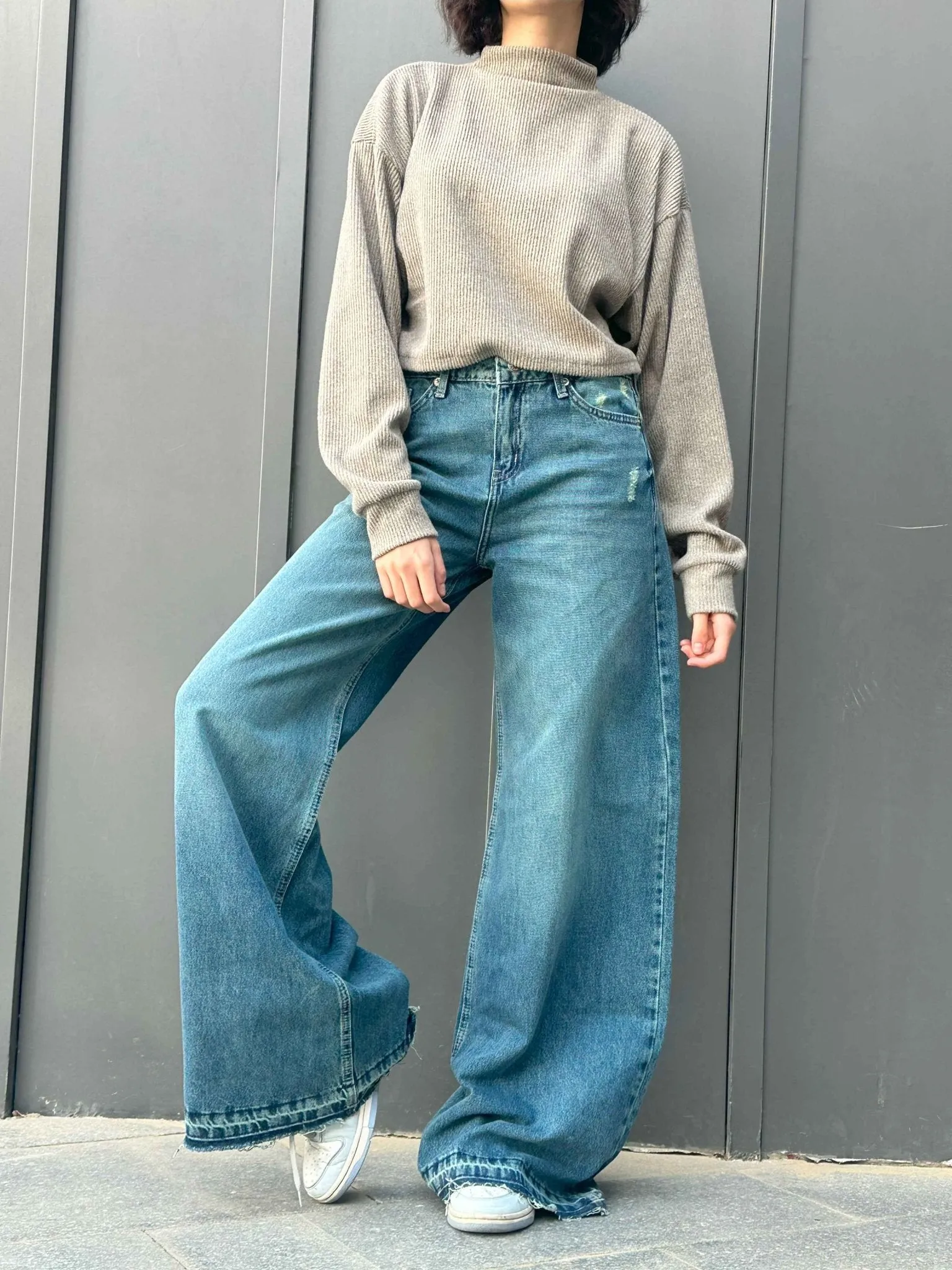 Extreme Wide Leg - Mid Vintage Blue Green Raw Hems Jeans.