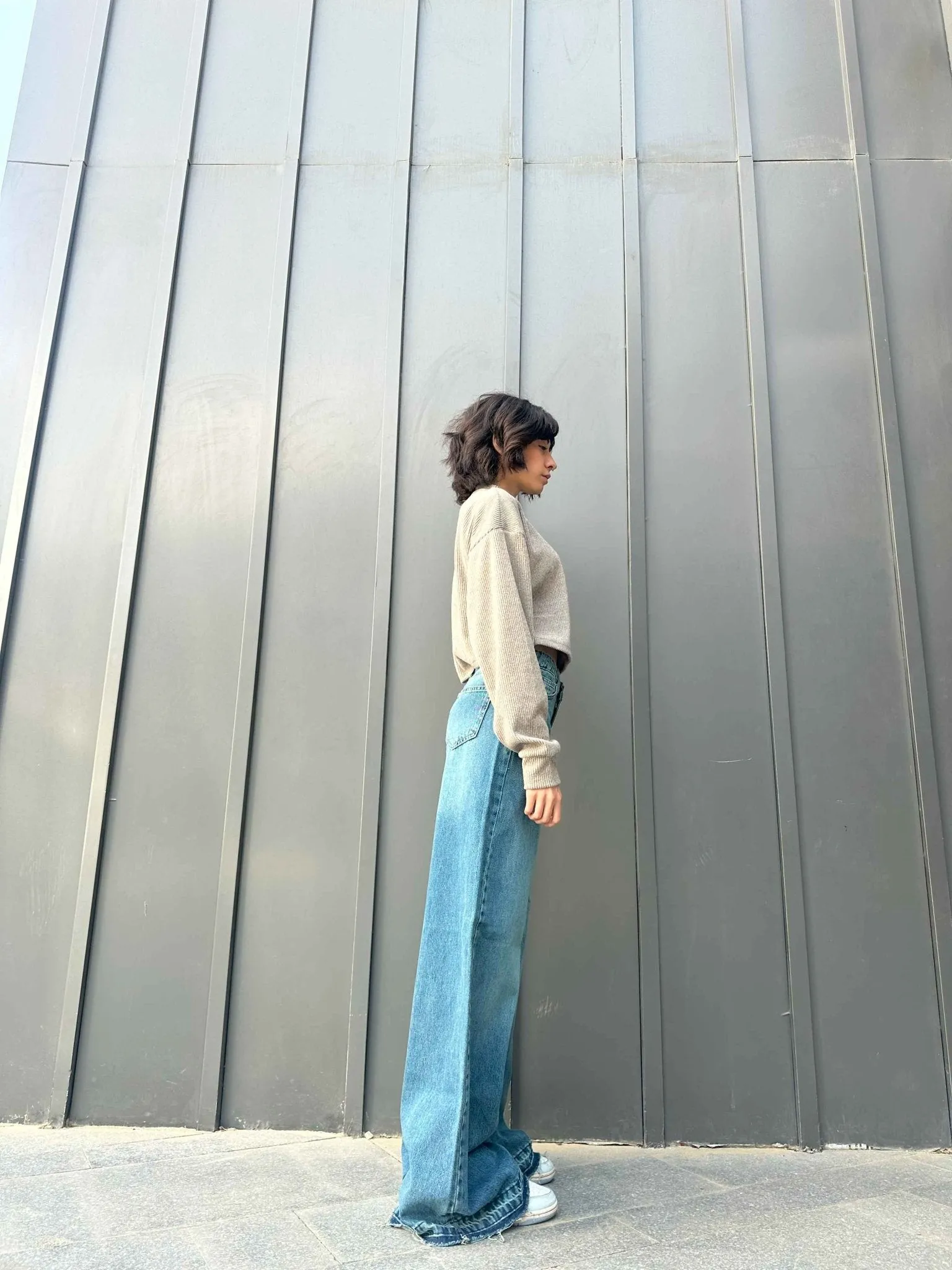 Extreme Wide Leg - Mid Vintage Blue Green Raw Hems Jeans.