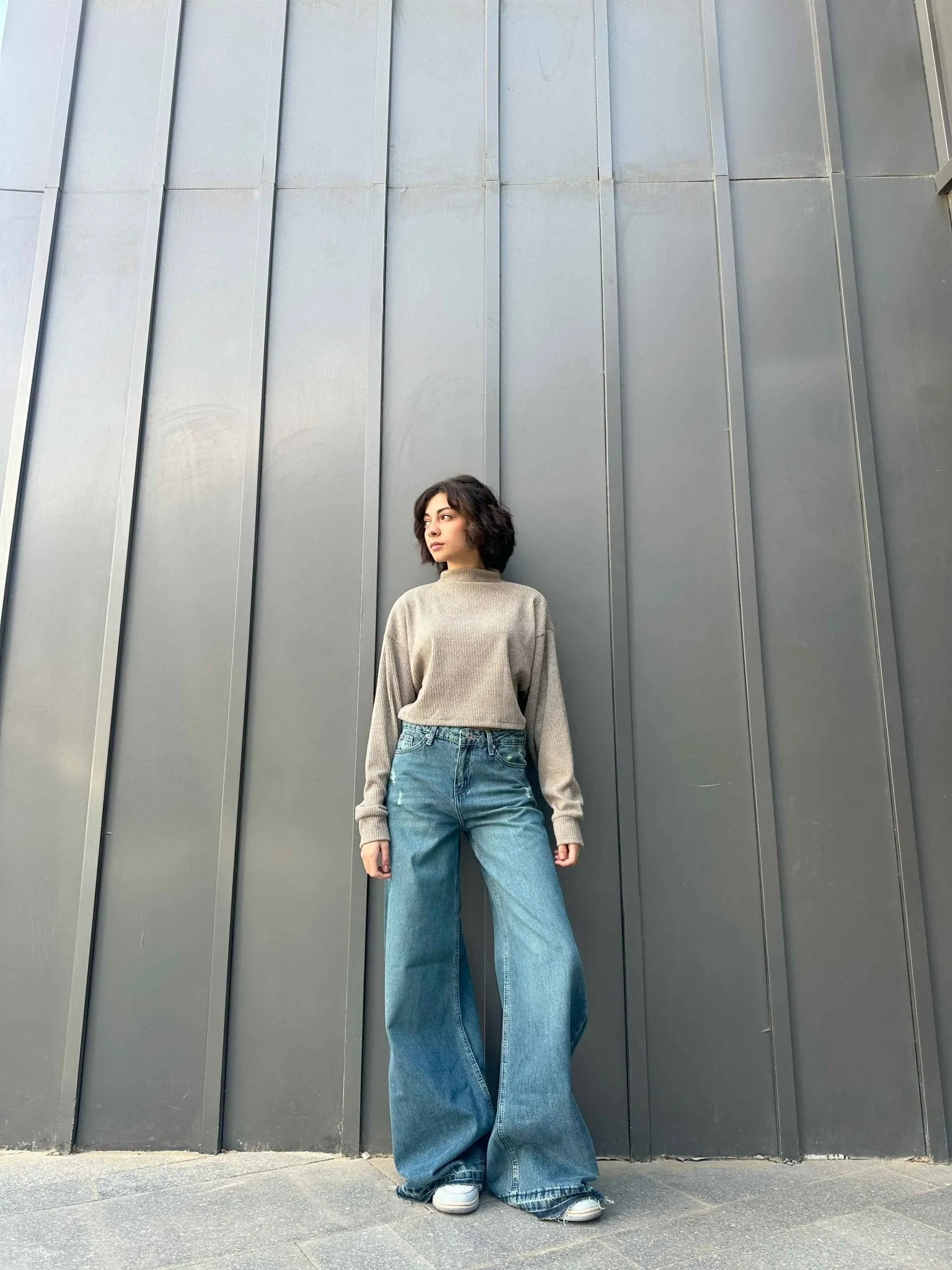 Extreme Wide Leg - Mid Vintage Blue Green Raw Hems Jeans.