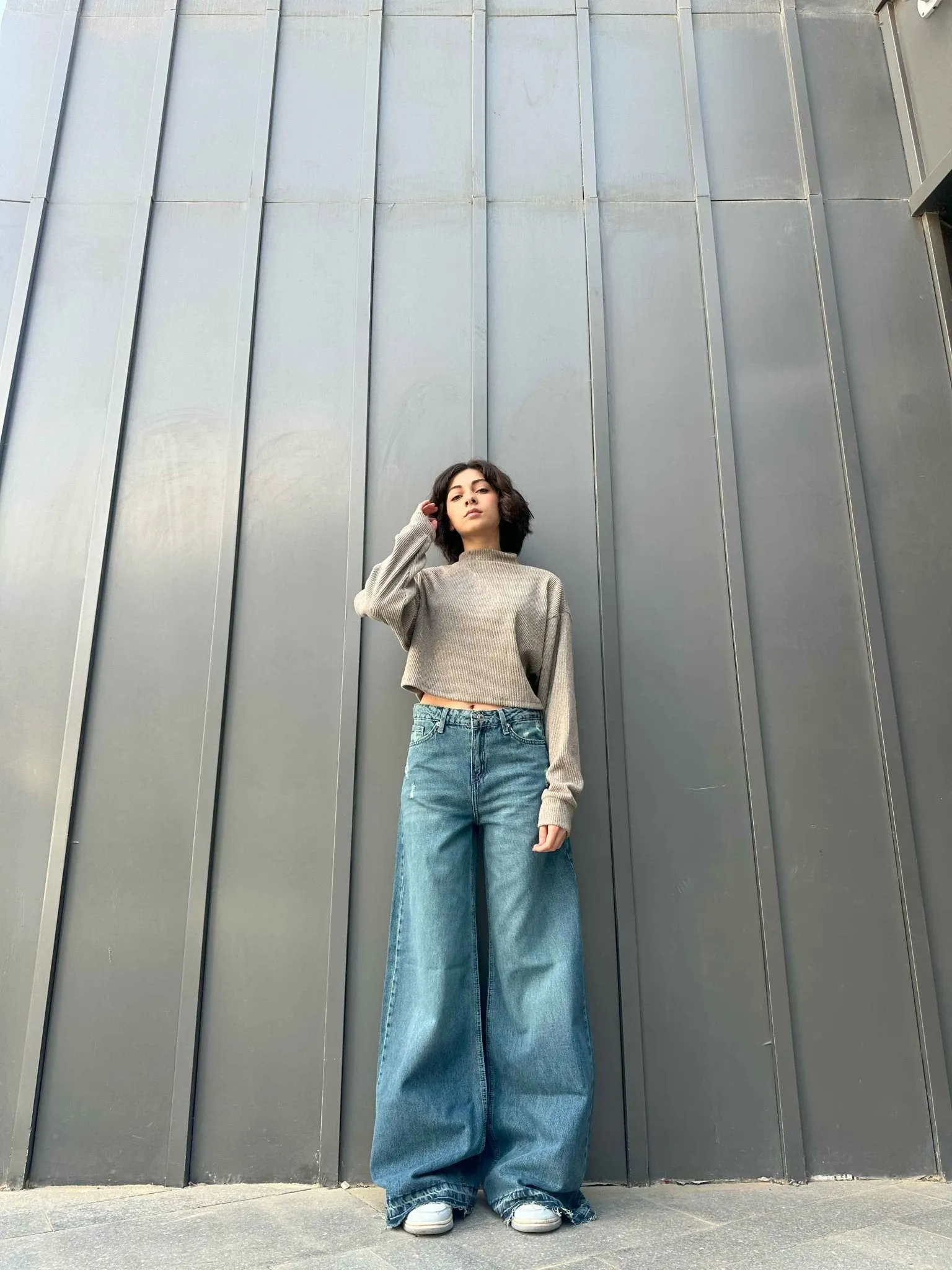Extreme Wide Leg - Mid Vintage Blue Green Raw Hems Jeans.