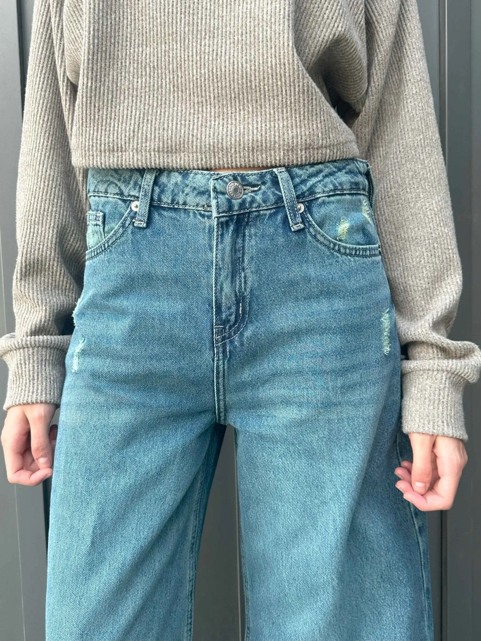 Extreme Wide Leg - Mid Vintage Blue Green Raw Hems Jeans.