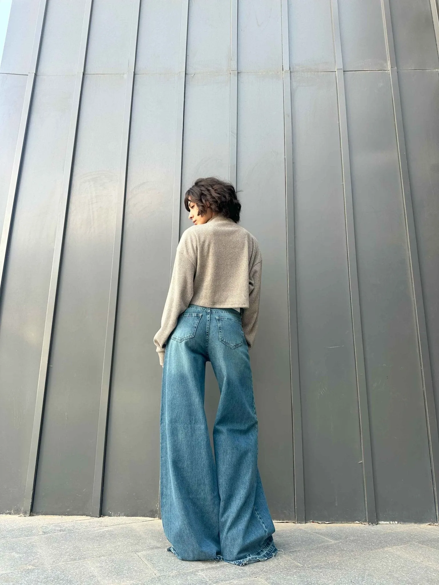 Extreme Wide Leg - Mid Vintage Blue Green Raw Hems Jeans.