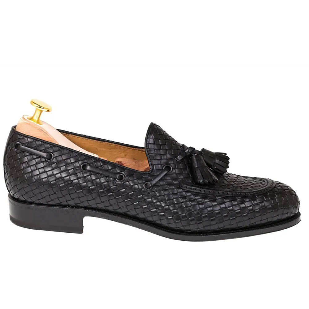 Height Increasing Black Hand Woven Braided Leather Acton Loafers