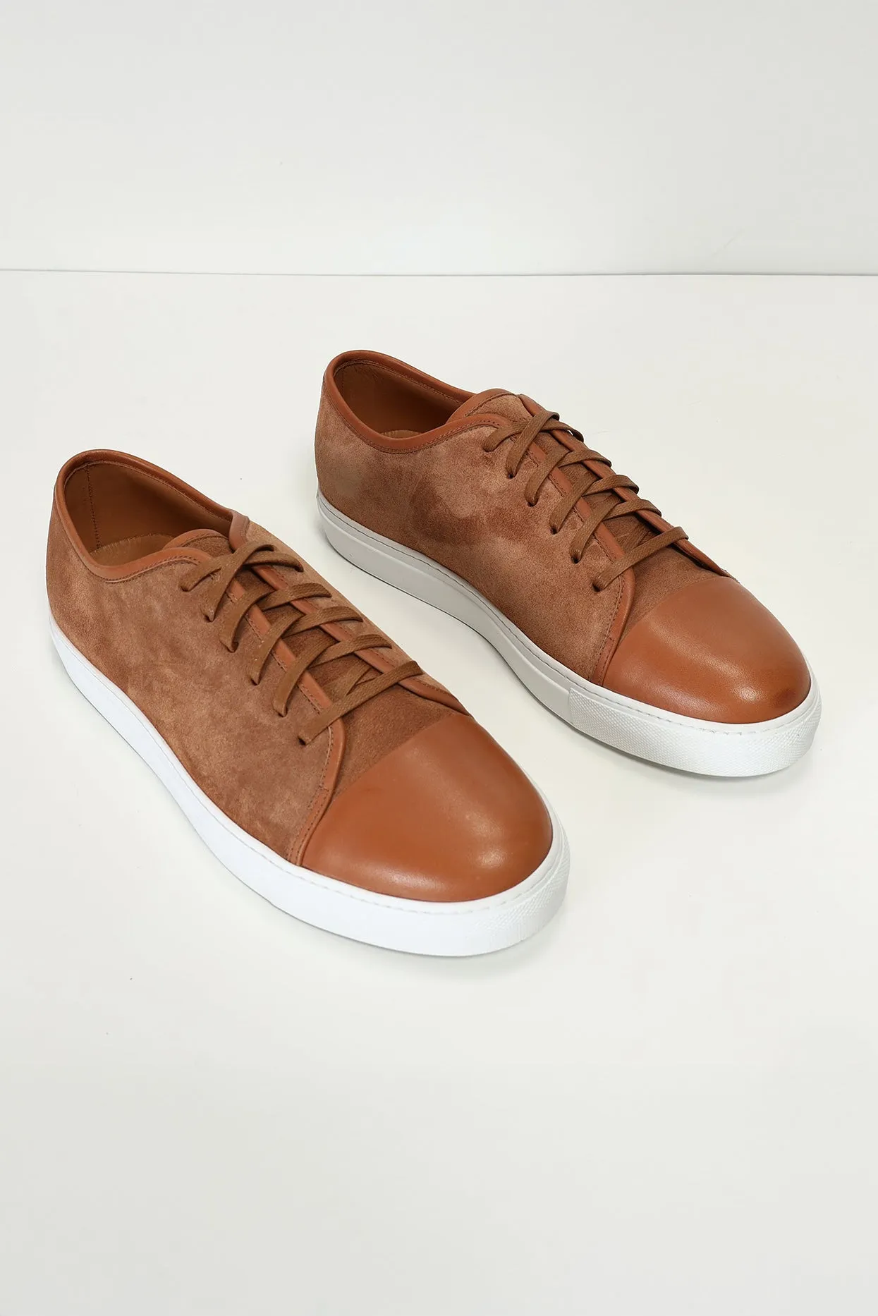 Leather and Suede Court Sneakers - Tan White