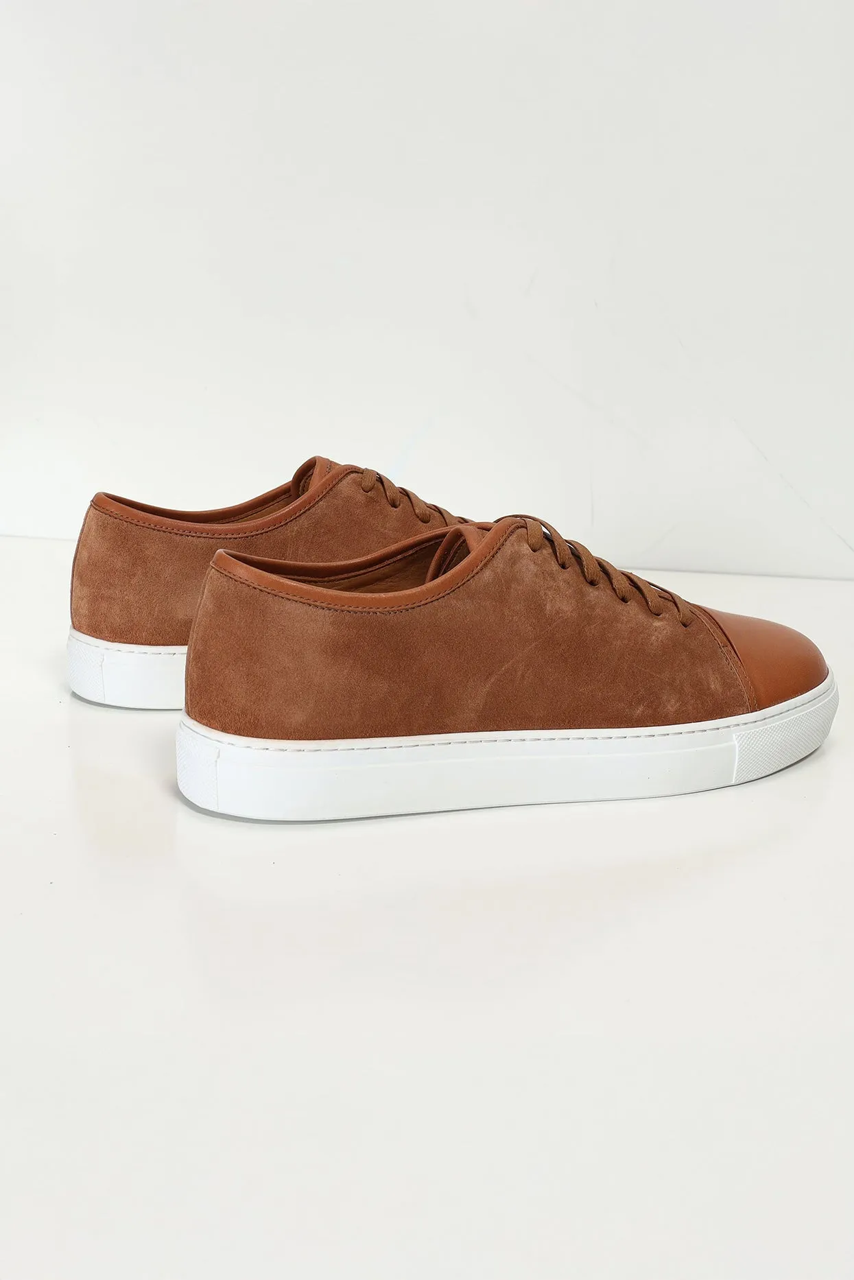 Leather and Suede Court Sneakers - Tan White