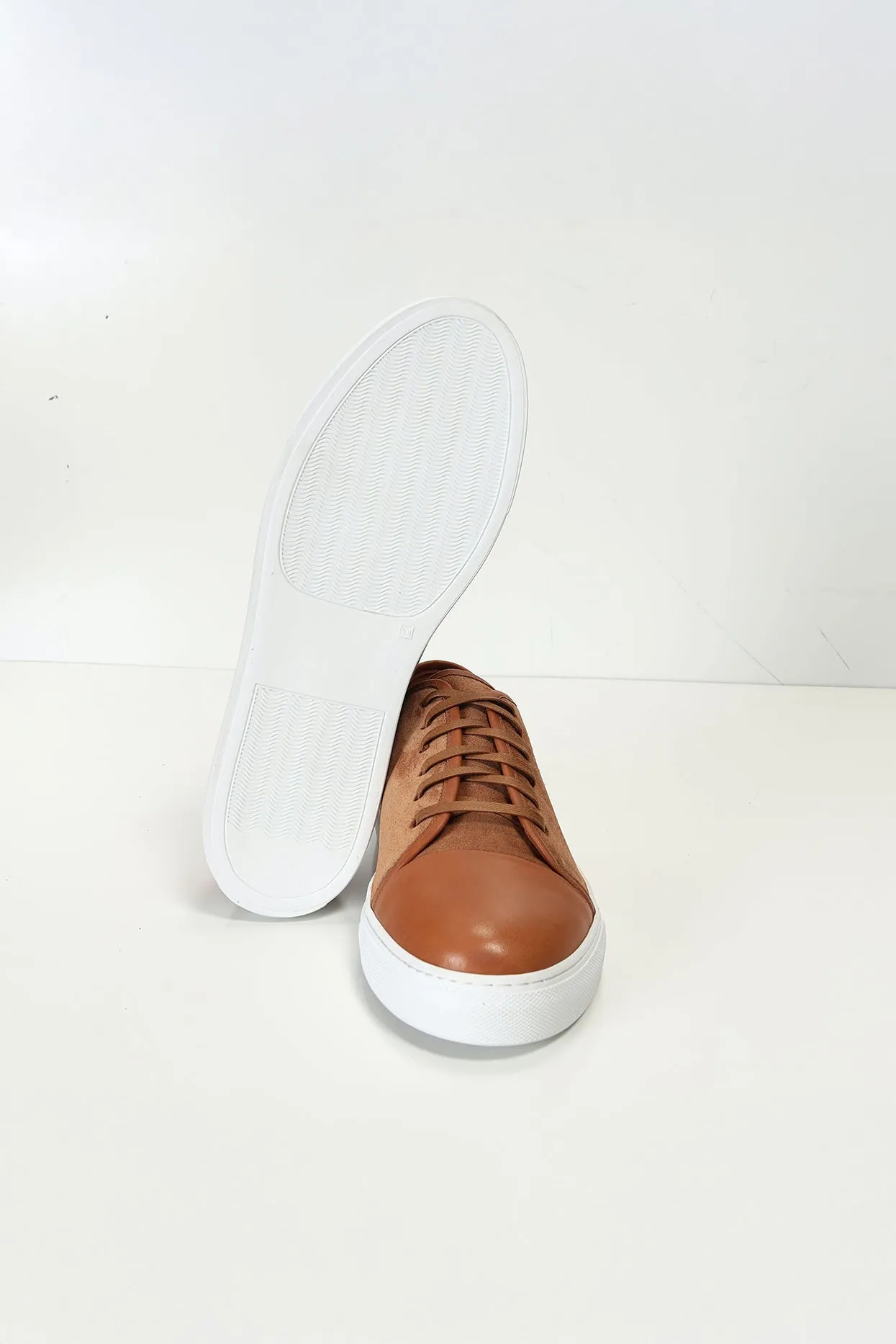 Leather and Suede Court Sneakers - Tan White