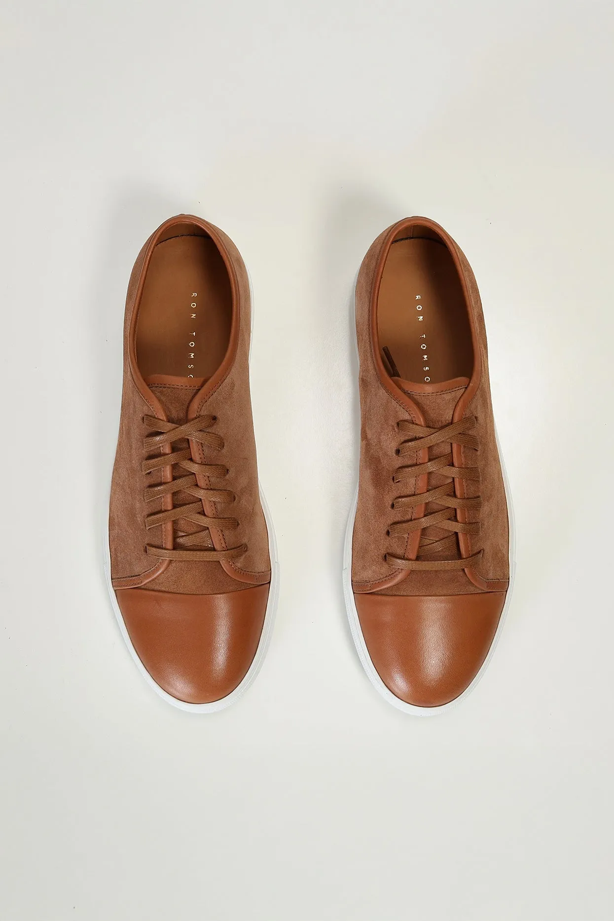 Leather and Suede Court Sneakers - Tan White