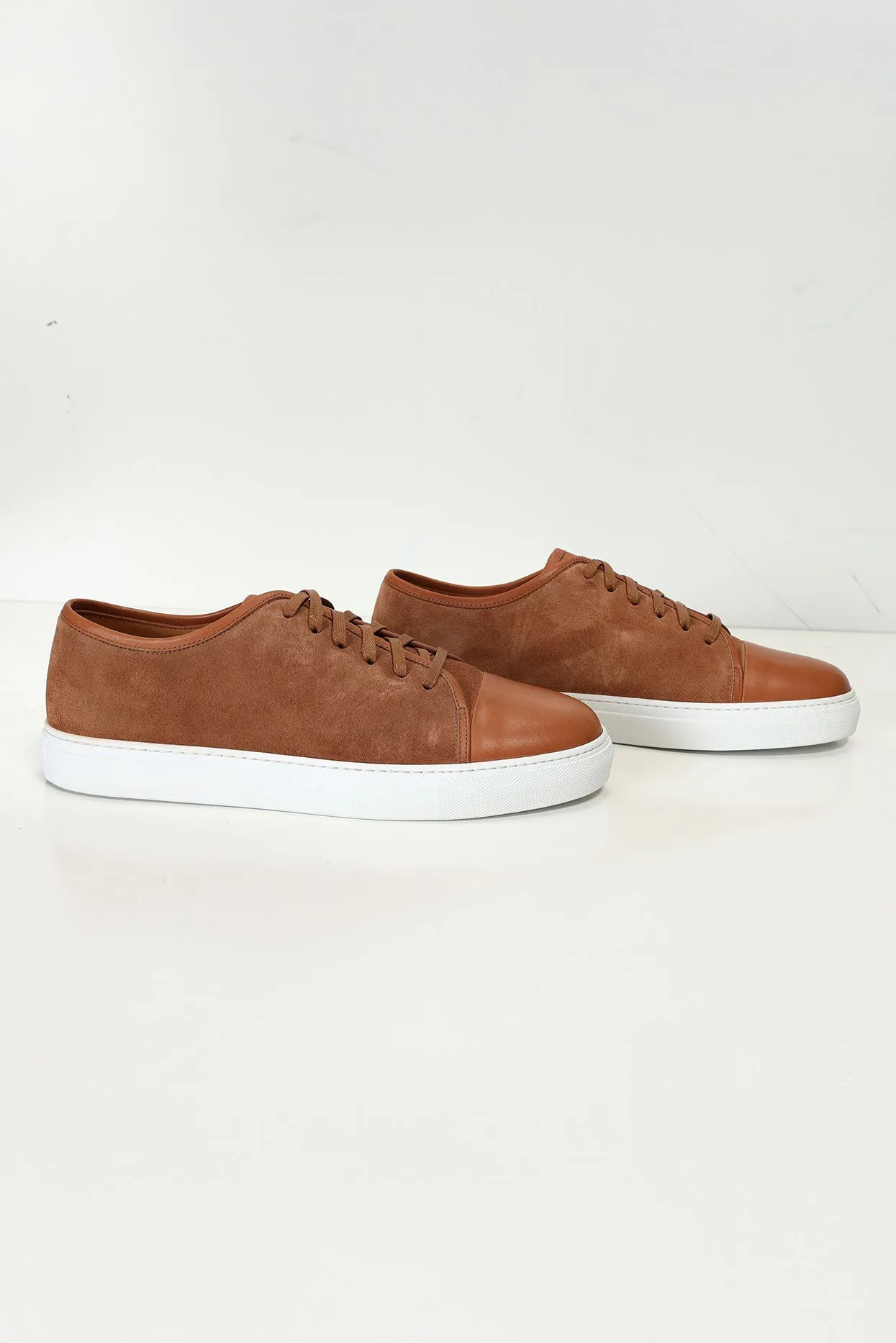 Leather and Suede Court Sneakers - Tan White