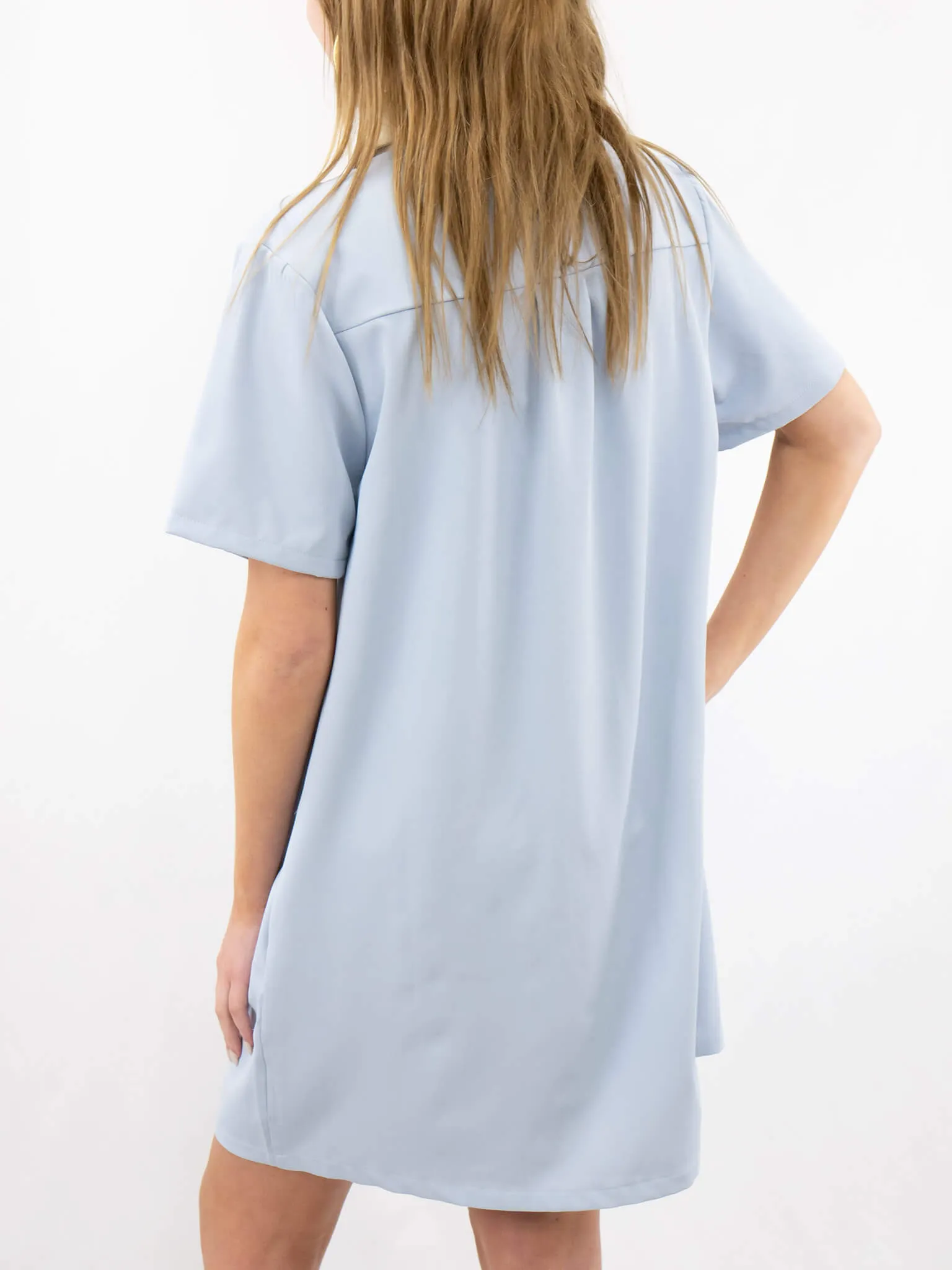 Light Blue and Cream Leather Detail Button Up Dress
