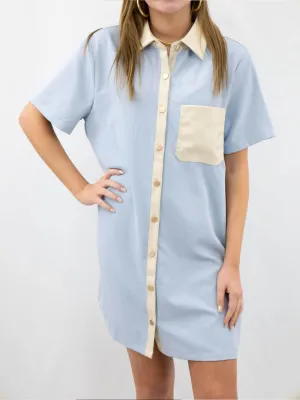 Light Blue and Cream Leather Detail Button Up Dress