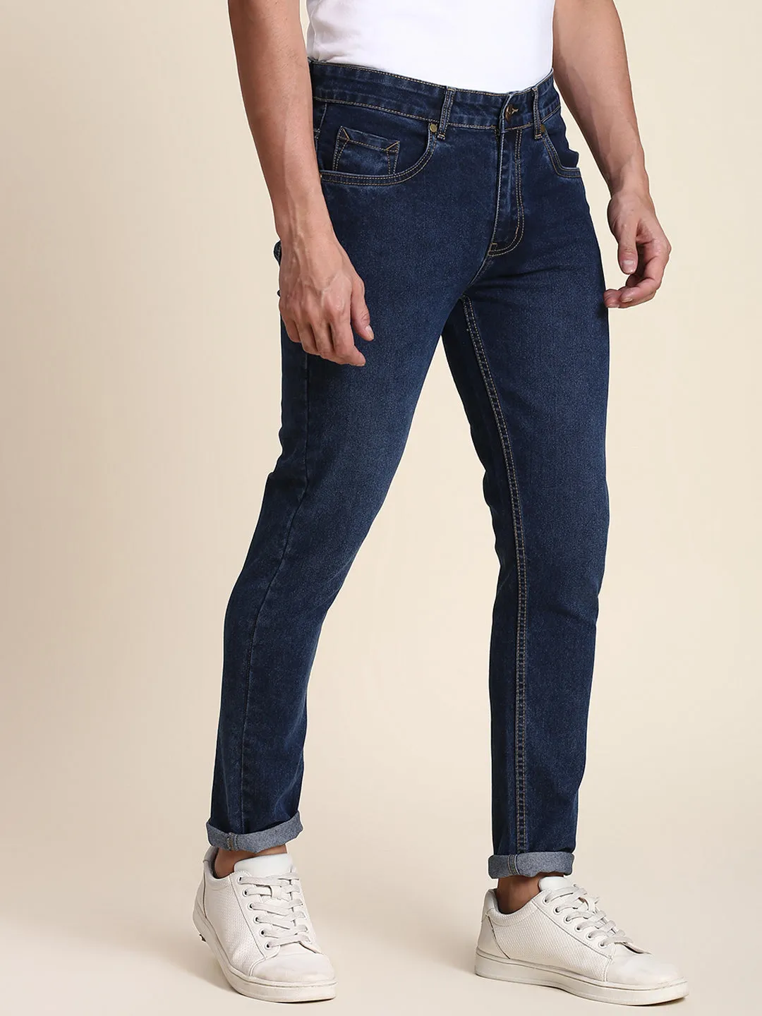 Men's Slim Fit Denim Blue Jeans With 5-Pockets Mid-Rise Stretchable Waistband & Belt Loops